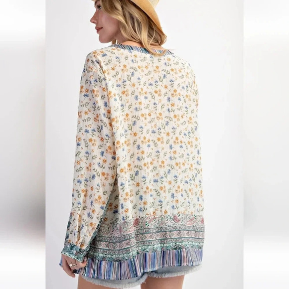 New! Easel Floral Mixed Print Button Down Long Sleeve Top - Picture 4 of 5